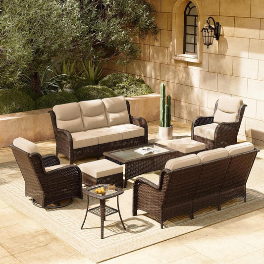 HILLGA Luxury Patio Furniture Set with 6-inch Thick Cushion, Outdoor Couch and High Back Swivel Rocker Patio Chairs, 8PCS Wicker Conversation Set for Deck Yard and Poolside, Beige (V2)