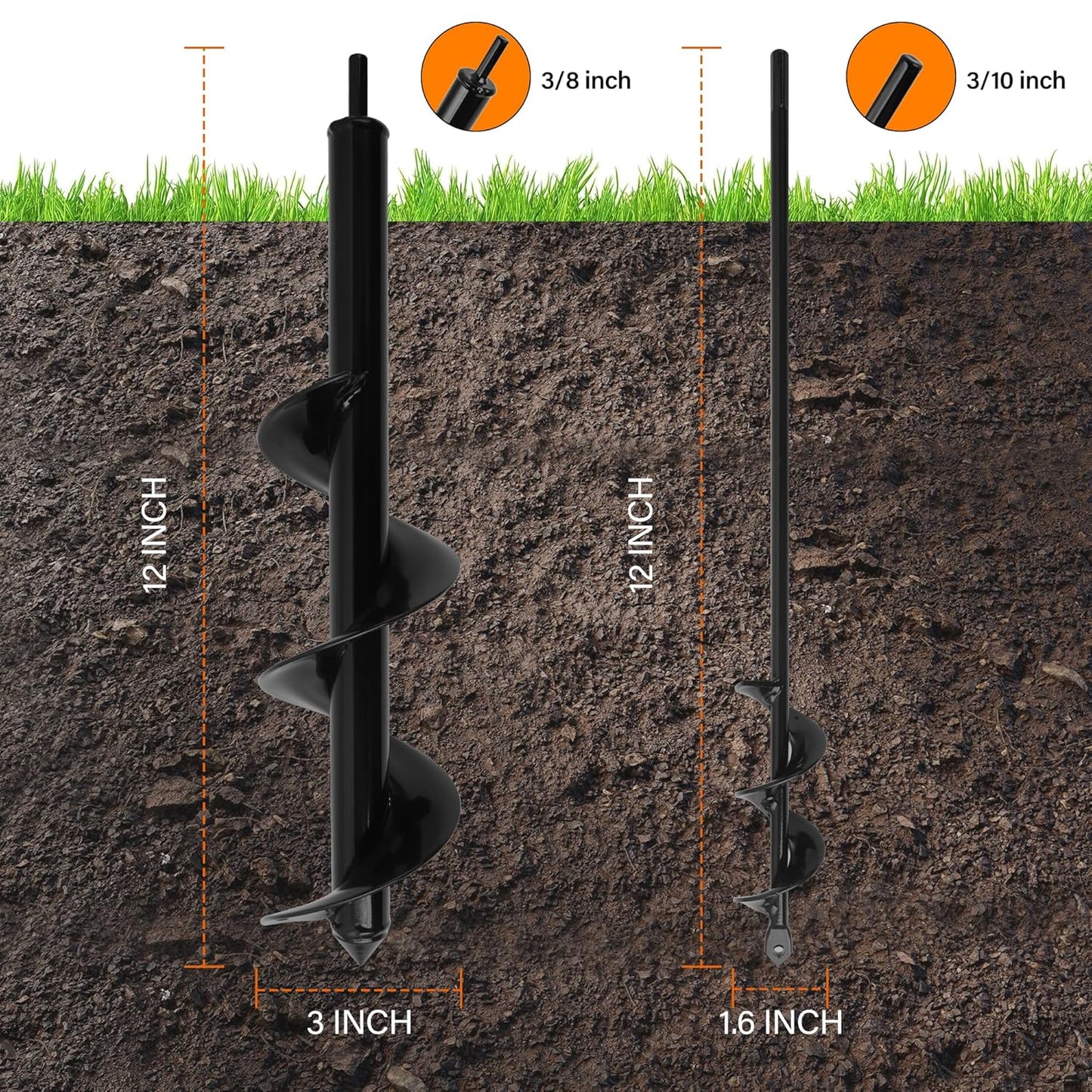 KENDO Auger Drill Bit for Planting Set of 2, Garden Ground Earth Spiral Drill Bits and Bulb Planter Tool for 3/8" Hex Drive Drill, for Post Hole Digger, Bulb Bedding Digging, Plant Rapid Planter