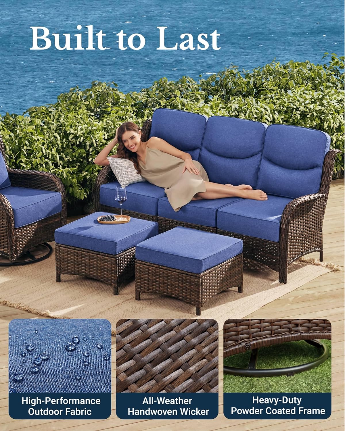 HILLGA Luxury Patio Furniture Set with 6-inch Thick Cushion, Outdoor Sectional Sofa and High Back Swivel Rocker Patio Chairs, 7PCS Wicker Conversation Set for Deck Yard and Poolside, Blue (V2)