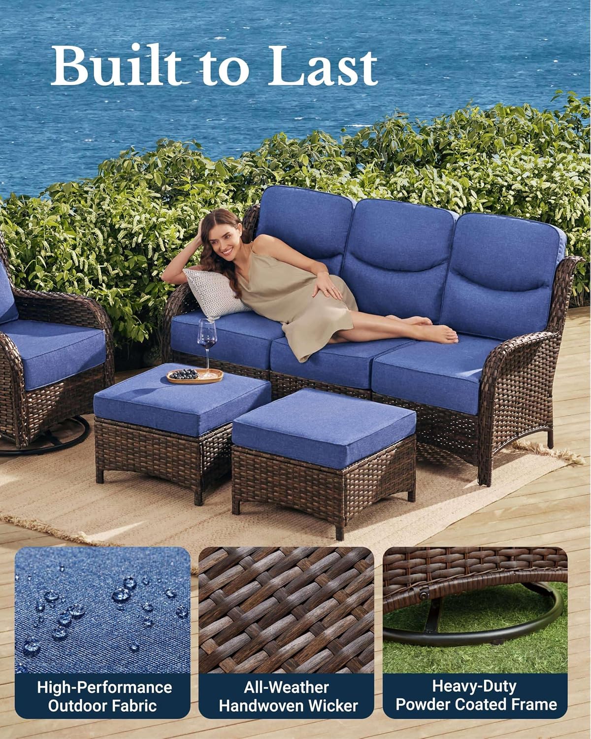 HILLGA Luxury Patio Furniture Set with 6-Inch Thick Cushions, High Back Outdoor Swivel Rocker Chairs and Patio Couch, 11-Piece All Weather Conversation Set for Porch Deck Pool Yard, Blue (V3)