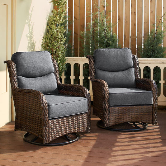 HILLGA Luxury Patio Furniture Set with 6-inch Thick Cushion, Outdoor High Back Swivel Rocker Patio Chairs, 2PCS Wicker Conversation Set for Deck Yard and Poolside, Dark Grey (V2)