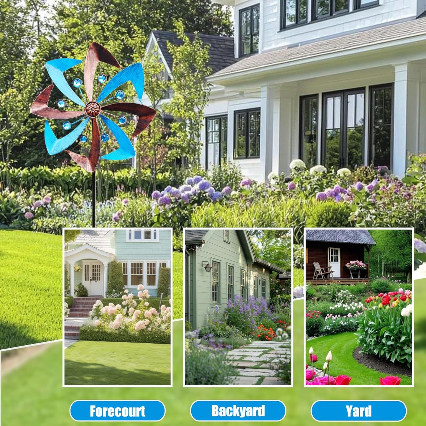 Wind Spinners Outdoor, 10 inch Wind Sculptures & Spinners, Metal Kinetic Wind Spinner, Decorative Pinwheels Large Wind Spinners for Yard and Garden Decor, Blue