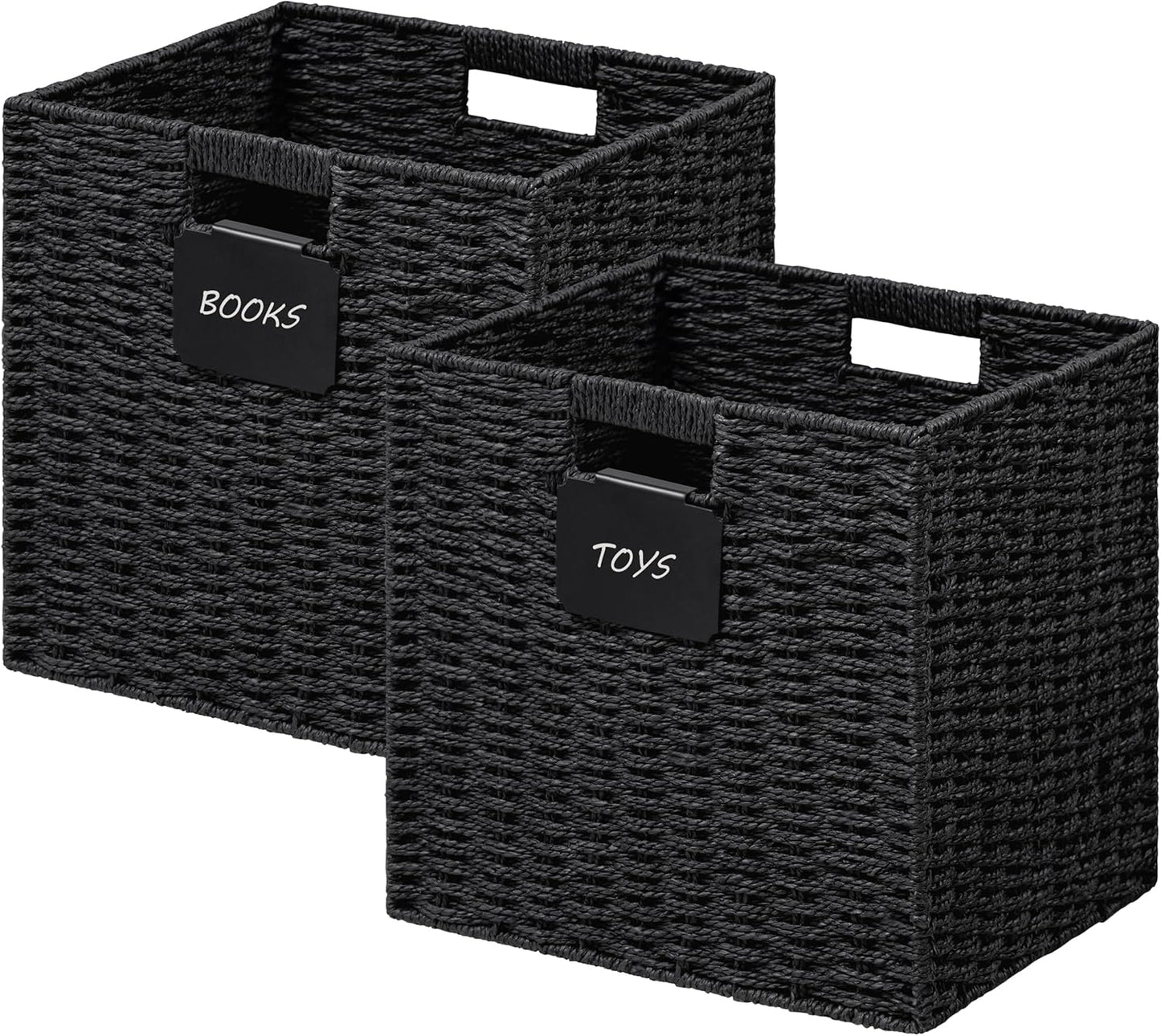 UBBCARE 2 Pack Wicker Basket, 10.5×10.5 Storage Cubes with Label, Foldable Cube Storage Bin with Handle, Square Storage Basket for Shelves, Woven Paper Rope Basket for Organizing, Black