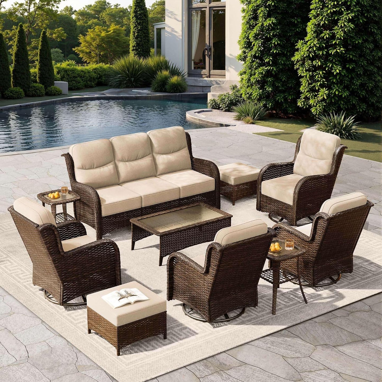 HILLGA Luxury Patio Furniture Set with 6-Inch Thick Cushions, High Back Outdoor Swivel Rocker Chairs and Patio Couch, 10-Piece All Weather Conversation Set for Porch Deck Pool Yard, Beige (V3)