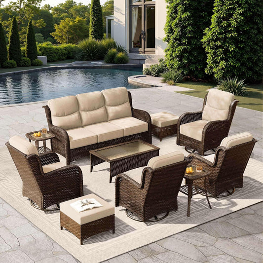 HILLGA Luxury Patio Furniture Set with 6-Inch Thick Cushions, High Back Outdoor Swivel Rocker Chairs and Patio Couch, 10-Piece All Weather Conversation Set for Porch Deck Pool Yard, Beige (V3)