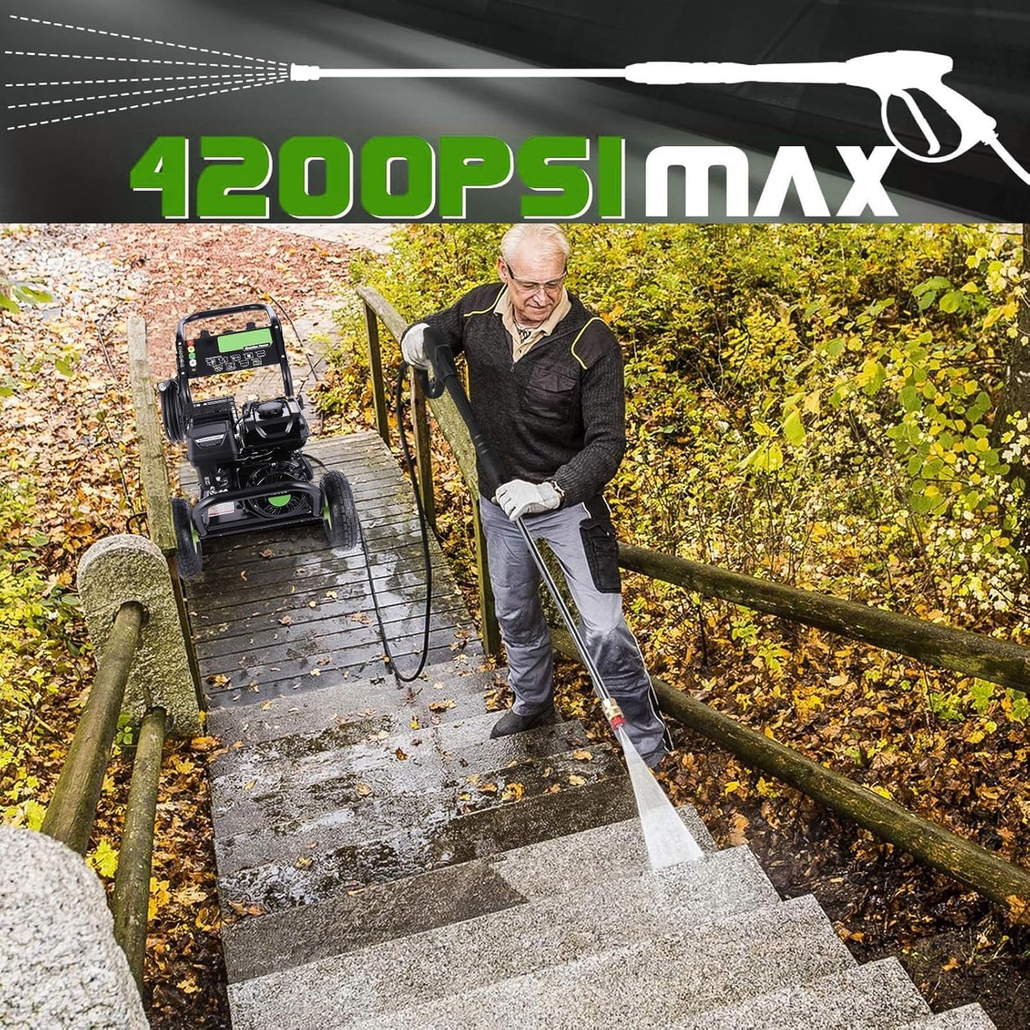 Professional 4200PSI 4GPM 196CC Gas Pressure Washer, Commercial Gas Power Washer with 5 Nozzles 25FT Hose Foam Bottle for Car Fence Driveway Yard (EPA/CARB/ETL Compliant), 2 Green Wheels