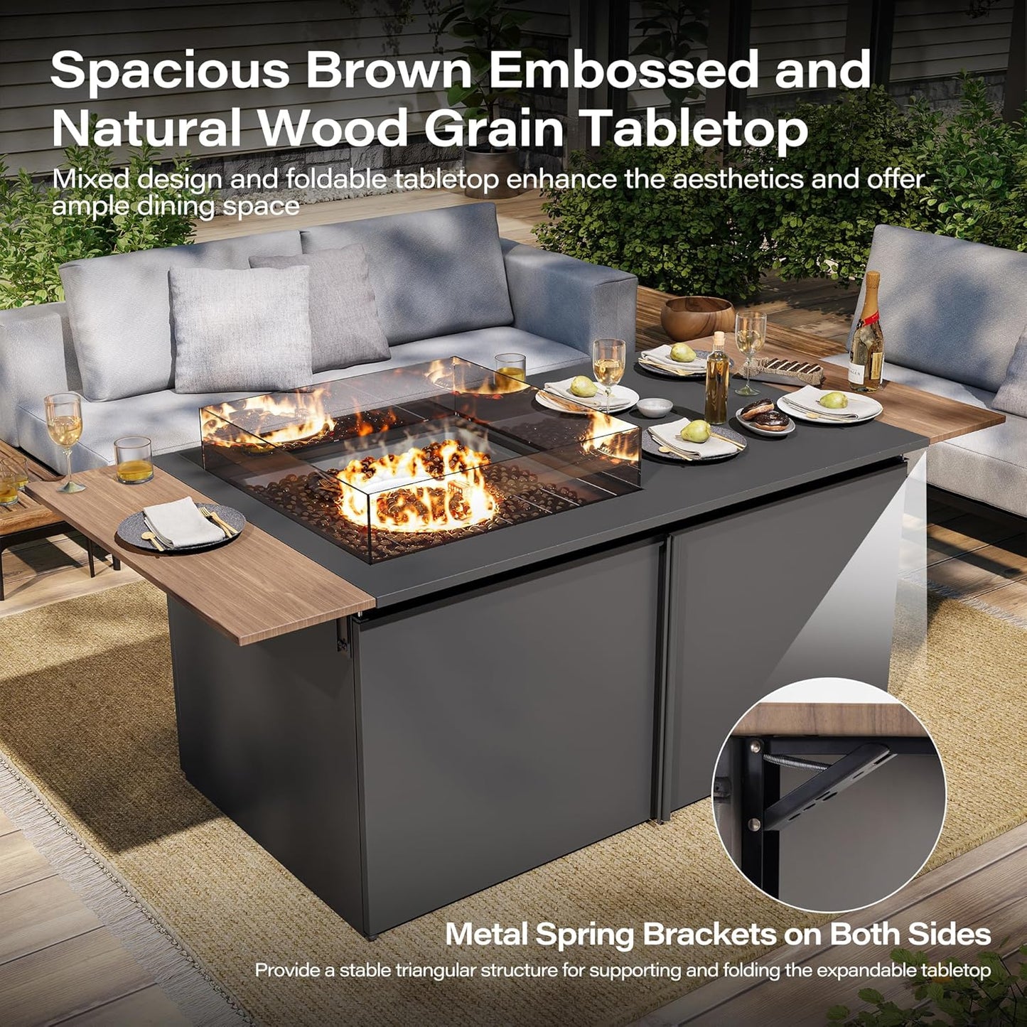 LAUSAINT HOME 64" Gas Fire Pit Table for Outside Patio, 55,000 BTU Propane Firepit with Expandable Tabletop & Wind Guard