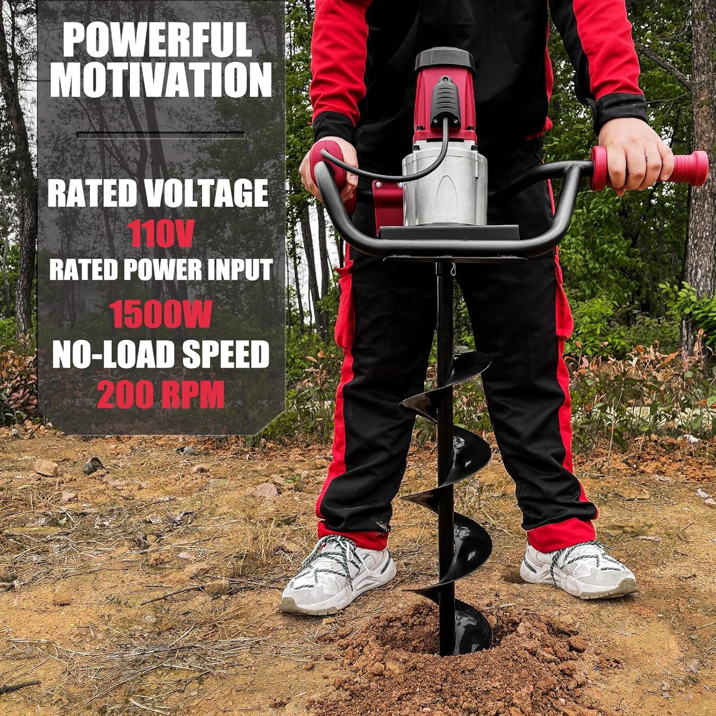 JACKCHEN 1500W Electric Post-Hole Digger with 6-Inch Auger Bit, Earth Auger Drill, Auger Bit Earth Auger, Ideal for Post Hole Digging, Drilling, Tree Planting, Red