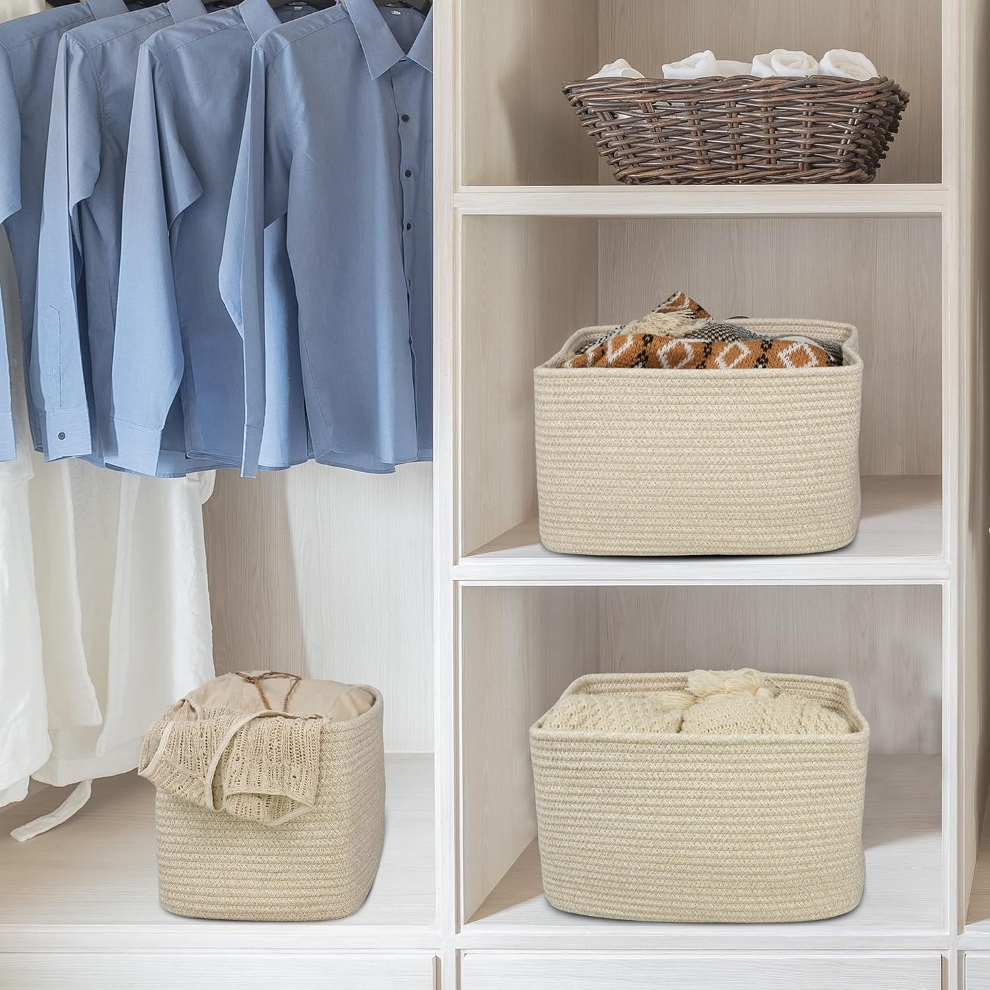 Rope storage Basket Bins Woven Basket for Organizing Shelves Rectangle Decorative Baskets For storage Clothes Toys Books Towels Square Wicker Nursery basket organizer 3 pack Oatmeal