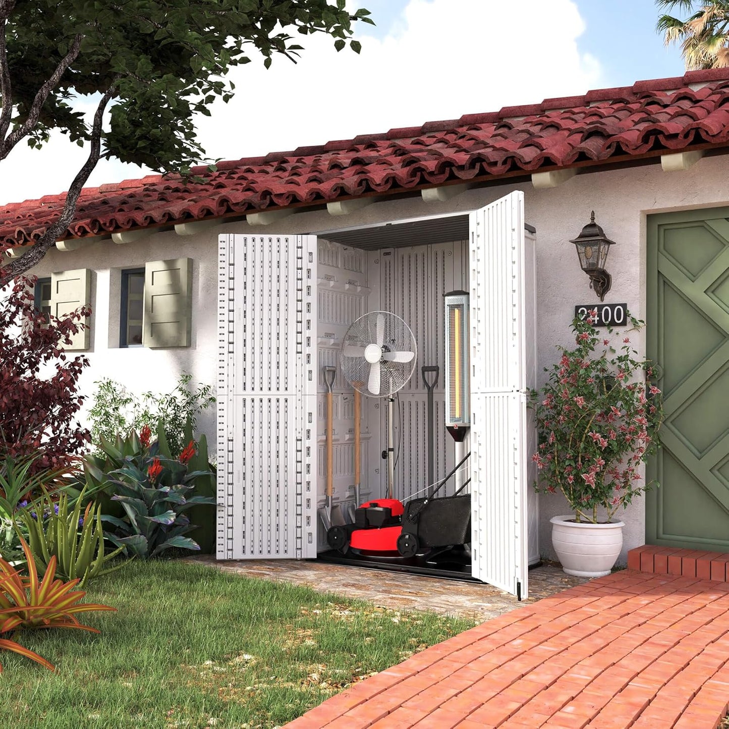 HOMSPARK Storage Shed Weather Resistance, Multi-Purpose Outdoor Storage Cabinet Waterproof, Outdoor Storage Cabinet for Garbage Cans, Lawnmower, Garden Accessories (Off White, Tall shed-53 cu ft)