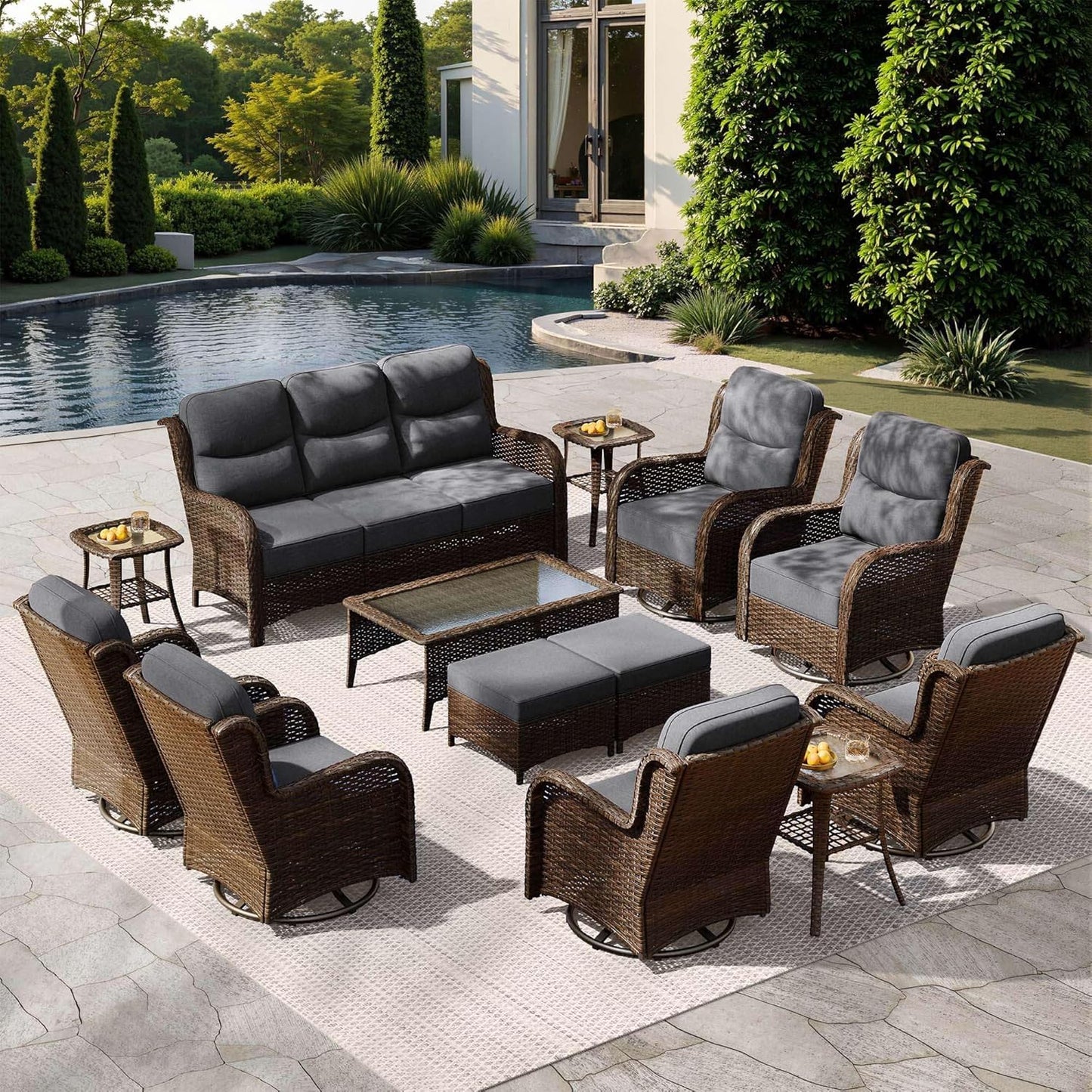 HILLGA Luxury Patio Furniture Set with 6-Inch Thick Cushions, High Back Outdoor Swivel Rocker Chairs and Patio Couch, 13-Piece All Weather Conversation Set for Porch Deck Pool Yard, Dark Grey (V3)