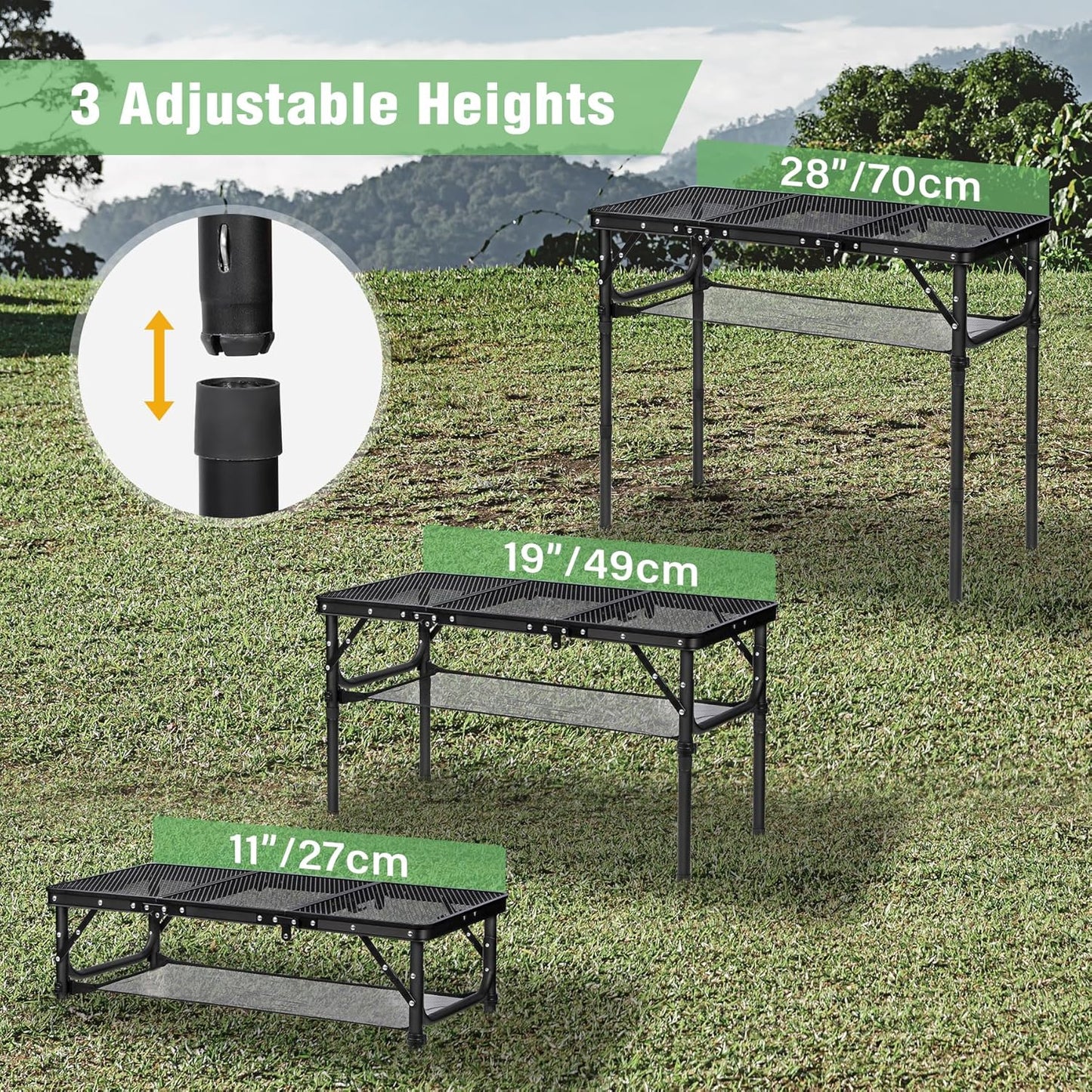 RedSwing Tri-fold Folding Picnic Table, Lightweight Height Adjustable Aluminum Frame Table with Mesh Layer for Outdoor Camping Picnic BBQ, Black