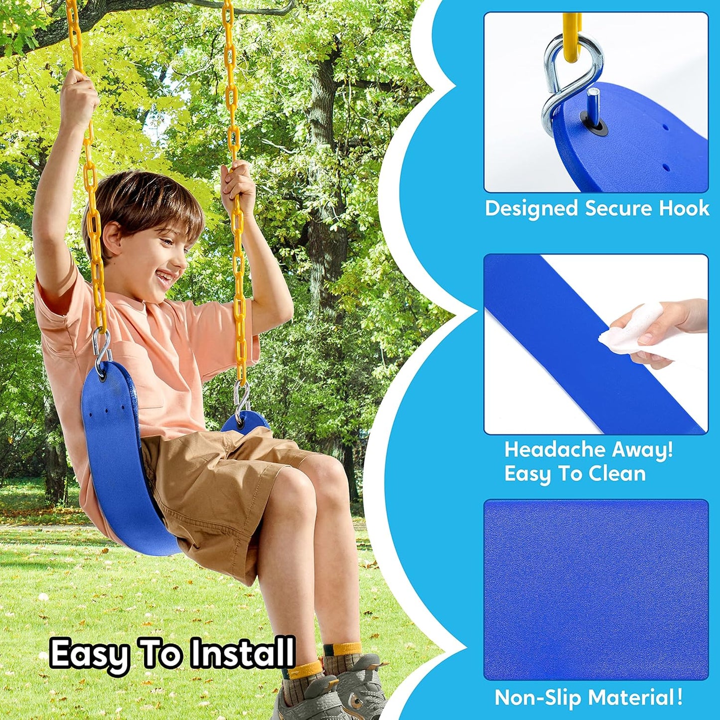 TURFEE 2 Pack Swing for Outdoor Swing Set, Swing Seat Replacement Kit with 66" Heavy Duty Chains, 4 Snap Hook for Kids Outdoor Play Playground, Trees, Playground (Blue)