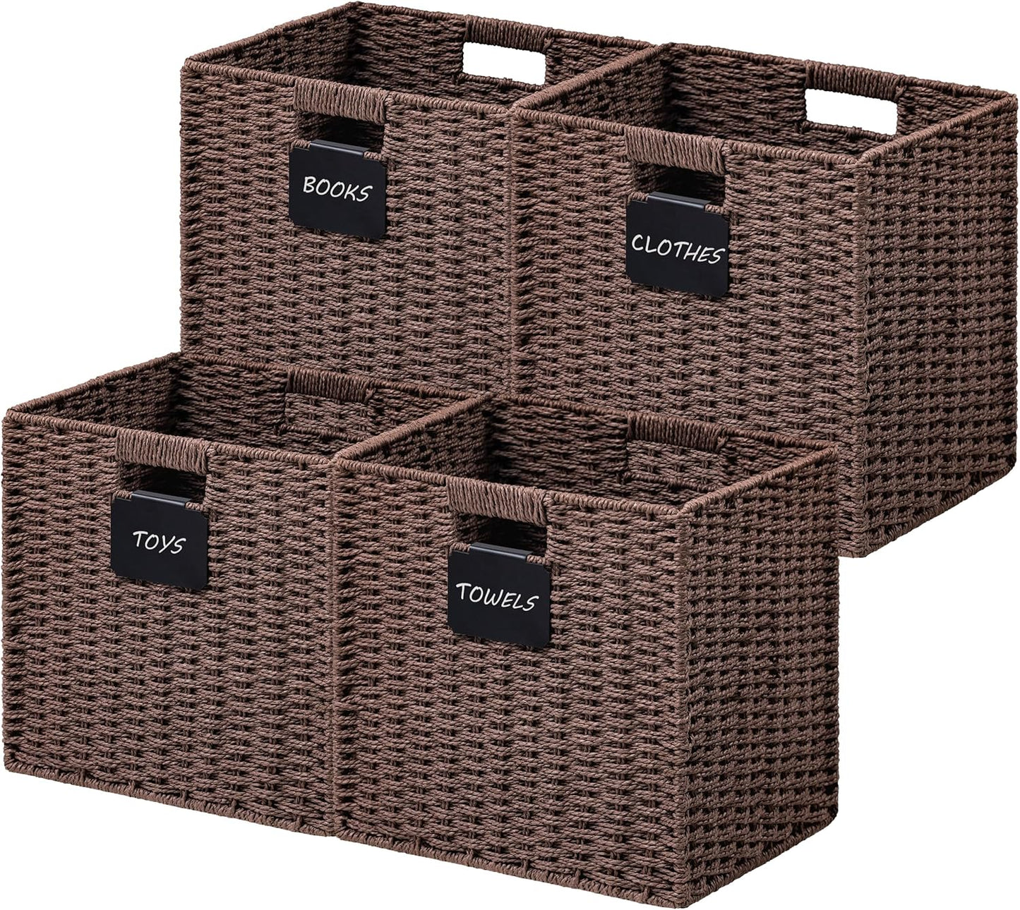 UBBCARE 4 Pack Wicker Basket, 10.5×10.5 Storage Cubes with Label, Foldable Cube Storage Bin with Handle, Square Storage Basket for Shelves, Woven Paper Rope Basket for Organizing, Brown